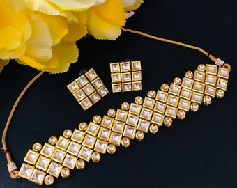 Naszyjnik-choker Kundan Meenakari: biżuteria ślubna Jadau z kolczykami-sztyftami