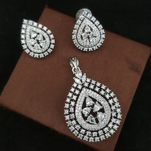 Rose Gold CZ Pendant Set/ Silver Cubic Zirconia Pendant with earrings/ Gold plated American Diamond Pendant / CZ Cocktail Minimalist Jewelry