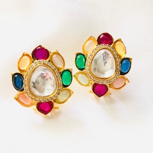 Navratan Kundan Studs /Kundan Stud earrings / Ruby Emerald Sabyasachi Kundan studs / Kundan Jadau earrings / Kundan Wedding Jewelry