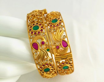 Openable CZ Ruby Emerald Bangles/ Golden Cubic Zirconia Bracelet/ Designer Ethnic Bangles/ Indian Bollywood Traditional Bangles