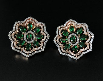 Emerald Studs/ Rose Gold Cubic Zirconia Studs/ Green CZ Studs/ CZ Semi Precious stone Studs/ Indian Wedding Jewelry/ Rose Gold Studs