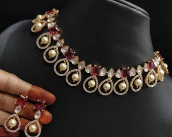 Kundan Ruby CZ Necklace Set, Indian Wedding Jewelry
