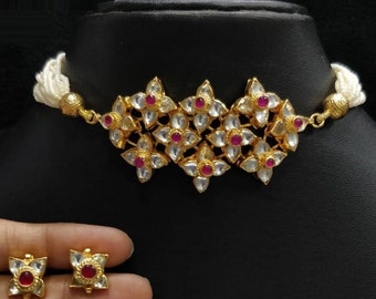 Kundan Choker Necklace Set, Pink Ruby, Indian Wedding Jewelry