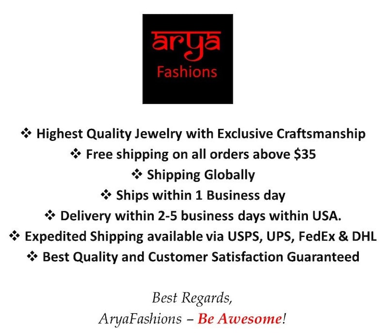 Puede incluir: Texto rojo sobre fondo negro que dice "arya Fashions". Debajo del logotipo, el texto dice "Joyer&iacute;a de la m&aacute;s alta calidad con artesan&iacute;a exclusiva", "Env&iacute;o gratuito en todos los pedidos superiores a $ 35", "Env&iacute;o global", "Se env&iacute;a dentro de 1 d&iacute;a h&aacute;bil", "Entrega dentro de 2-5 d&iacute;as h&aacute;biles dentro de los EE. UU.", "Env&iacute;o acelerado disponible a trav&eacute;s de USPS, UPS, FedEx & DHL", "Mejor calidad y satisfacci&oacute;n del cliente garantizada", "Atentamente, AryaFashions - &iexcl;S&eacute; incre&iacute;ble!"
