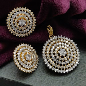 Gold plated Ruby CZ Pendant Set/ Silver Cubic Zirconia Pendant with earrings/ American Diamond Pendant / Cocktail Jewelry