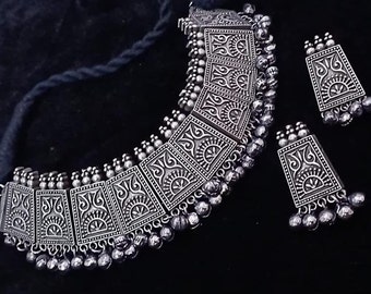 Oxidized Silver Choker & Earrings Set - Ethnic Indian Necklace
