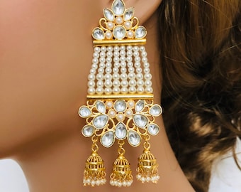Kundan Pearl Chandbali Earrings, 22k Gold Plated Wedding Jewelry