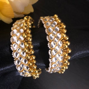Golden Sabyasachi Kundan Bangles / Rajwadi Openable Jadau Bangles/ Golden beads Kundan Kada / Indian Bridal bangles / Gokhru Rajwadi Bangles