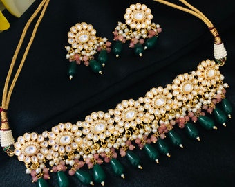 Emerald Pacchi Kundan Choker / Sabyasachi Meenakari Necklace / Rajwadi Bridal Choker / Jadau Indian Wedding Jewelry / Kundan CZ Green Choker