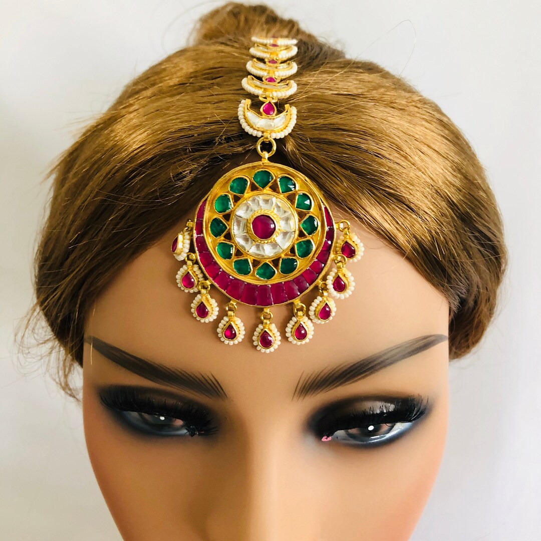 Buy Ruby Emerald Maang Tikka Sabyasachi Maang Tika Pearl Maangtika  /kundan Mang Tika /kundan Big Mangtika Indian Bridal Hair Jewelry Online  in