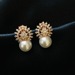 Rose Gold Pearl CZ Studs/ CZ Stud Earrings/ CZ Studs/ Indian Jewelry/ Indian Earrings / Cubic Zirconia Studs/ Rose Gold Pearl Studs