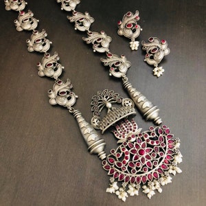 Roze geoxideerde zilveren lange ketting/geoxideerde zilveren ketting/Amrapali geïnspireerd/statement ketting/Tribal etnische ketting/Boho ketting