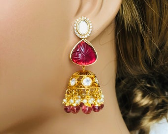 Kundan Jhumka Earrings: 22k Gold-Plated Indian Bridal Jewelry