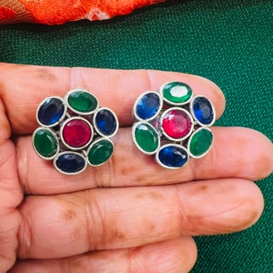 Multicolor Studs / Oxidized Silver Studs with Moissanite stones / Indian Tribal Traditional Stud Earrings / JhumkaStop