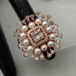 Pearl CZ Designer Ring / Silver Crystal Ring / Rose Gold Cocktail Ring / Statement Party Ring / Cubic Zirconia Rings / Bridesmaid Ring