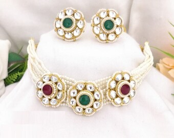 Ruby Emerald Kundan-choker, meerstrengige parelketting