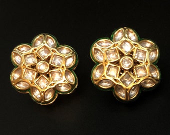 Pendientes Polki Kundan: Pendientes indios chapados en oro con técnica Meenakari.