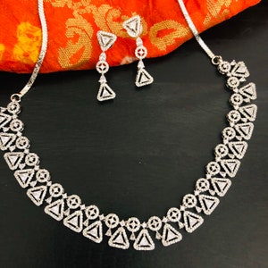 Victorian CZ Necklace / Silver Cubic Zirconia Bridal Necklace / Black Silver CZ Necklace with silver Stones / Cocktail Bridesmaid Jewelry