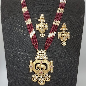 Golden Elephant Long Necklace / Ruby Beads Amrapali Necklace / Matte Gold Necklace / Indian Traditional Kundan / Pink Kundan Necklace