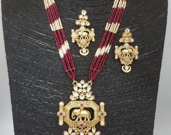 Golden Elephant Long Necklace / Ruby Beads Amrapali Necklace / Matte Gold Necklace / Indian Traditional Kundan / Pink Kundan Necklace