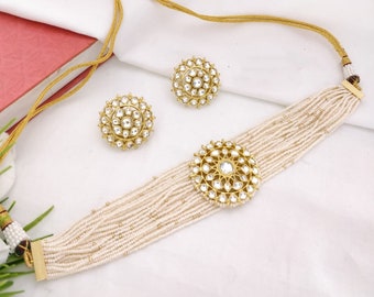 Kundan Pearl Choker Necklace Set - Indian Wedding Jewelry