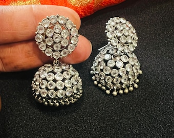 Brincos Jhumka de Prata Oxidada: Pedra Azul Estilo Tribal Indiano