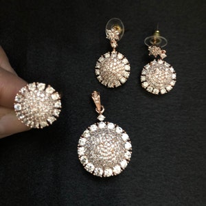 CZ Pendant/ Cubic Zirconia Pendant set/ CZ Indian Pendant Set/ Zircon pendant set with studs and ring/ CZ Bridesmaid Gift