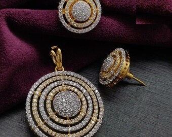 22 Karat Gold Plated Round CZ Pendant Set/ Silver Cubic Zirconia