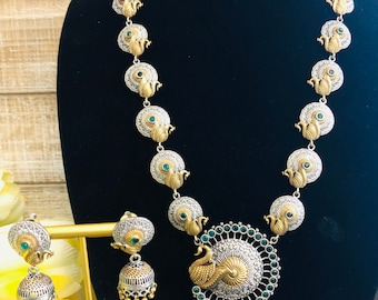 Oxidized Silver Peacock Necklace, Dual Tone Indian Jewelry Set
