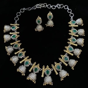 Groene Dual Tone ketting/blauwe Tribal Statement ketting/Indiase geoxideerde zilveren sieraden/roze Dual Tone gouden zilveren ketting