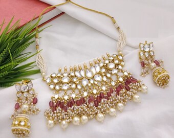 Ruby Kundan-choker: parel Rajwadi Jadau-kettingset