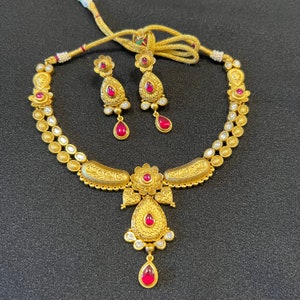 Antique Kundan Ruby Necklace/ Golden Designer Temple Jewelry Necklace / Rajasthani Kundan Jadau Necklace/Punjabi Indian Wedding Jewelry