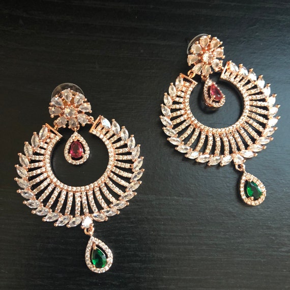 1 pair Gold tone white stone Women Ear Ring / Gold Plated Earrings|Jhumki  |jhumka|Indian Bollywood Fashion |Nepali Bridal Jewelry