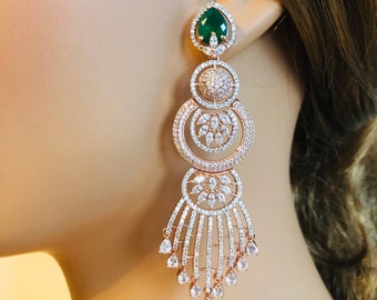 Roségouden oorbellen smaragd met zirkonia, Bollywoodstijl