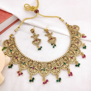 Jadau Rajwadi Gold Necklace / Kundan Meenakari Emerald Necklace / Rajasthani Temple Jewelry / Handmade Rajwadi Golden Traditional Necklace