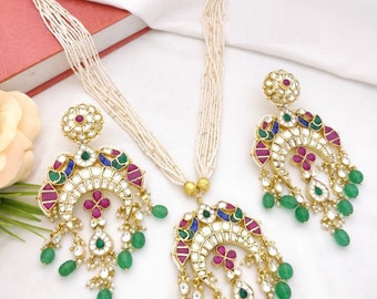 Emerald Green Rajwadi Kundan Necklace with Pearl Strands / Ruby Pearl Exquisite Kundan Wedding Jewelry/ Bridal Indian Statement Necklace