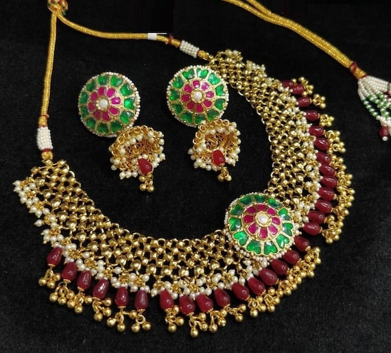 Ruby Kundan Green Meenakari Necklace Kundan Rajwadi Necklace