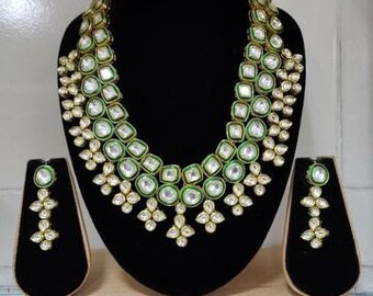 Bridal Kundan Polki Necklace: Green Meenakari, 22k Gold Finish