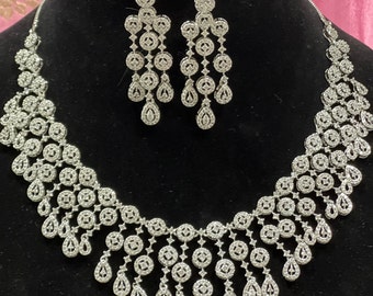 Silver CZ Bridal Necklace & Earrings: Indian Wedding Jewelry