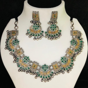Blauw geoxideerde zilveren designer ketting/groene dual tone ketting/etnische tribale verklaring ketting/roze dual tone ketting/AryaFashions