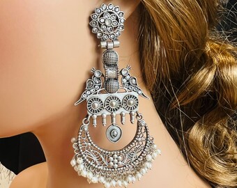 Brincos Chandbali de Prata Oxidada: Estilo Tribal Indiano Jhumka