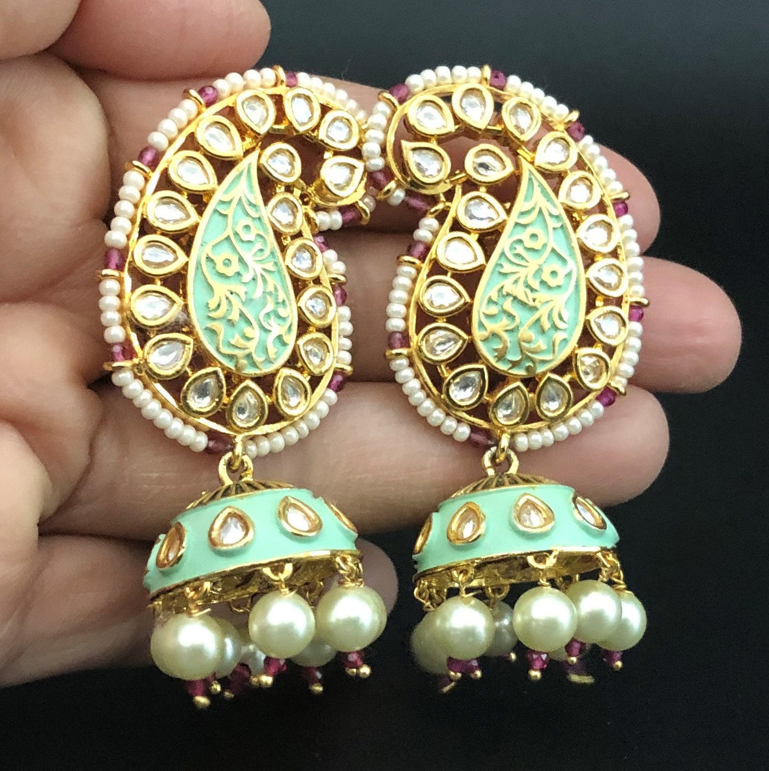 Gold tone partywearstatement golden Sea green pink studs earring - Art  Jewelry Women Accessories | World Art Community