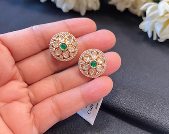 Aretes Kundan con circonita cúbica: joyería nupcial india bañada en oro de 22 quilates