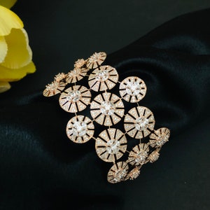 Rose Gold CZ Openable Cuff Bracelet / Cocktail Jewelry/ Silver Handmade Designer CZ Cuff Bracelet/ Victorian Bollywood Statement Bracelet