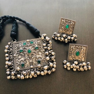 Zilveren geoxideerde ketting/Indiase Bollywood geoxideerde zilveren ketting set/etnische verklaring ketting met Ghungroo/zilveren Tribal Boho ketting
