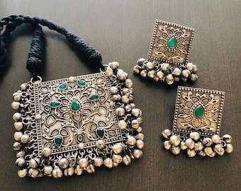 Oxidized Silver Ghungroo Necklace Set, Ethnic Indian Jewelry