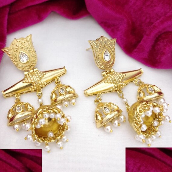 Golden Indian Jhumka 22 Karat Gold Plated Rajwadi Jhumka Golden Pearl Beads Earrings Indian Jhumka Earrings Traditional Jhumka Etsy UK