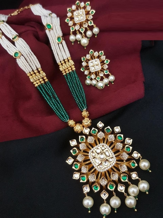 Emerald Green Kundan Necklace/ Long Statement Necklace/ Green Pacchi Kundan  Necklace/ Pearl Beads Necklace Kundan Indian Bridal Necklace