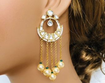 Kundan Pearl Chandbali Earrings, 22k Gold Plated Wedding Jewelry
