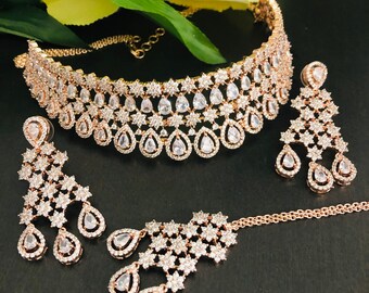 Rose Gold Bridal Choker Set, Cubic Zirconia Necklace, Earrings, Mang Tika